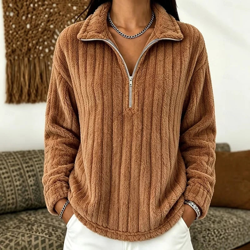 Women's light brown cozy Ribbed Fleece Quarter-Zip Pullover Top