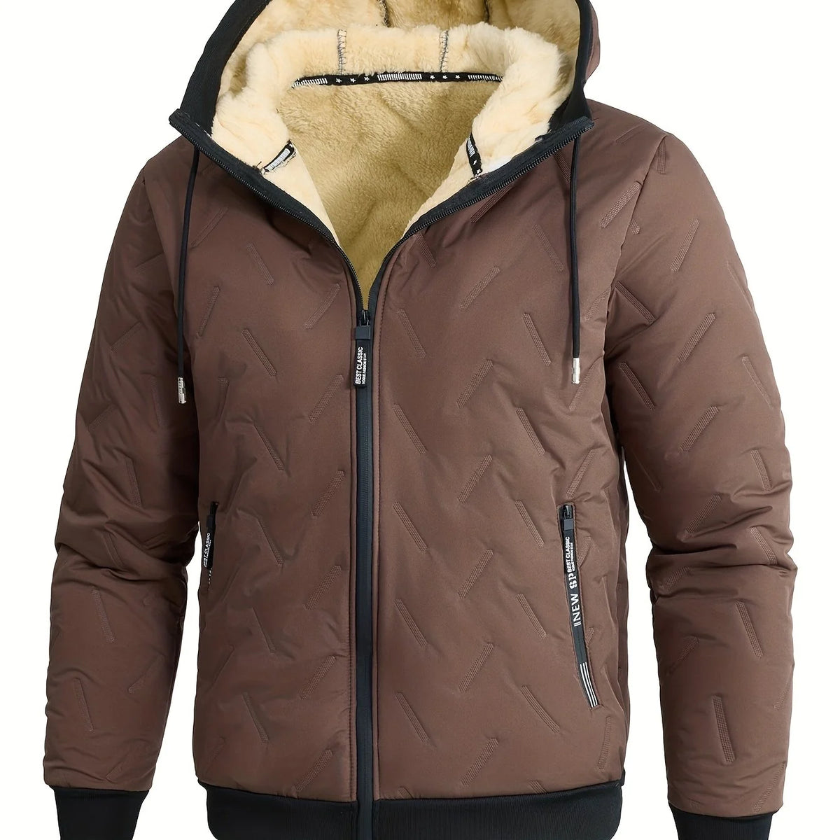 Men's yellowish-brown hooded Winter Jacket with Faux Fur Hood Lining