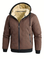 Men's yellowish-brown hooded Winter Jacket with Faux Fur Hood Lining