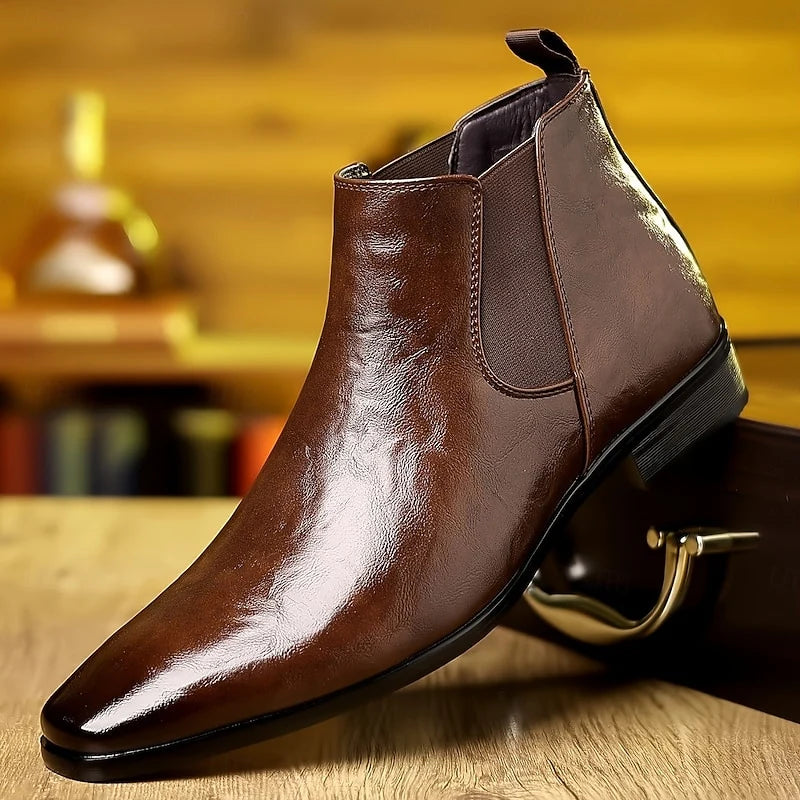 Men's brown polished ankle chelsea boots with smooth pull-tab heel