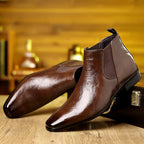 Men's black polished ankle chelsea boots with smooth pull-tab heel