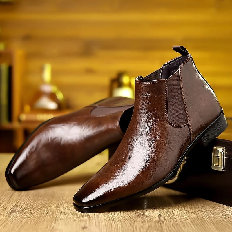 Men's black polished ankle chelsea boots with smooth pull-tab heel