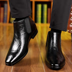 Men's black polished ankle chelsea boots with smooth pull-tab heel