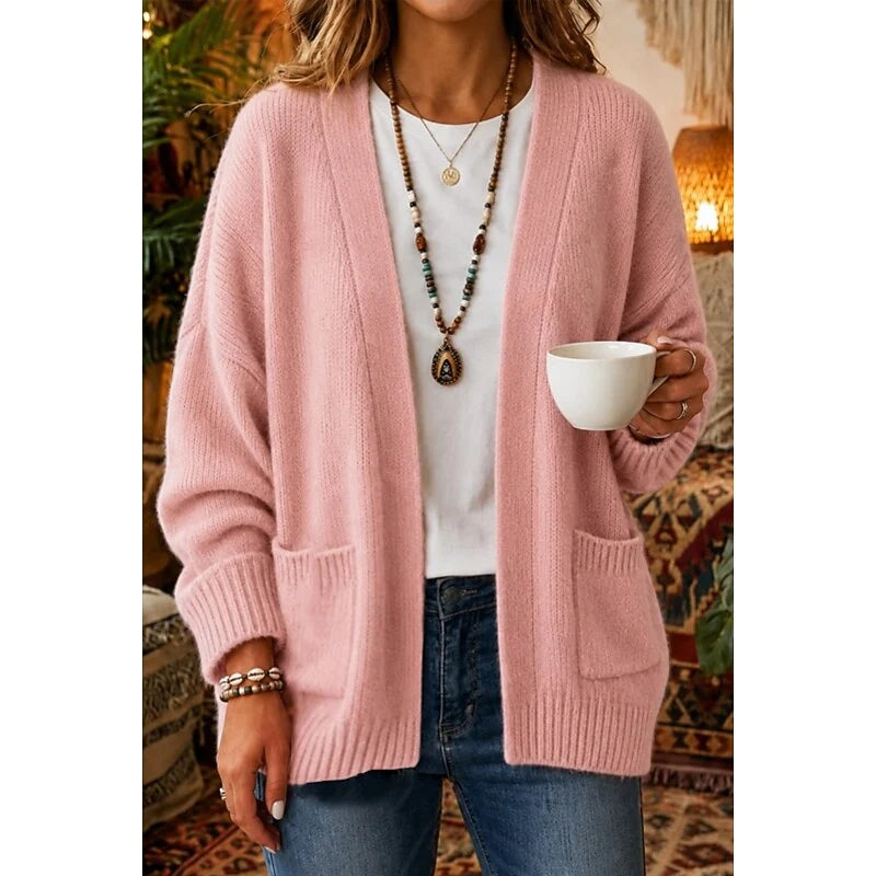 Women's pink oversized open-front cardigan with pockets