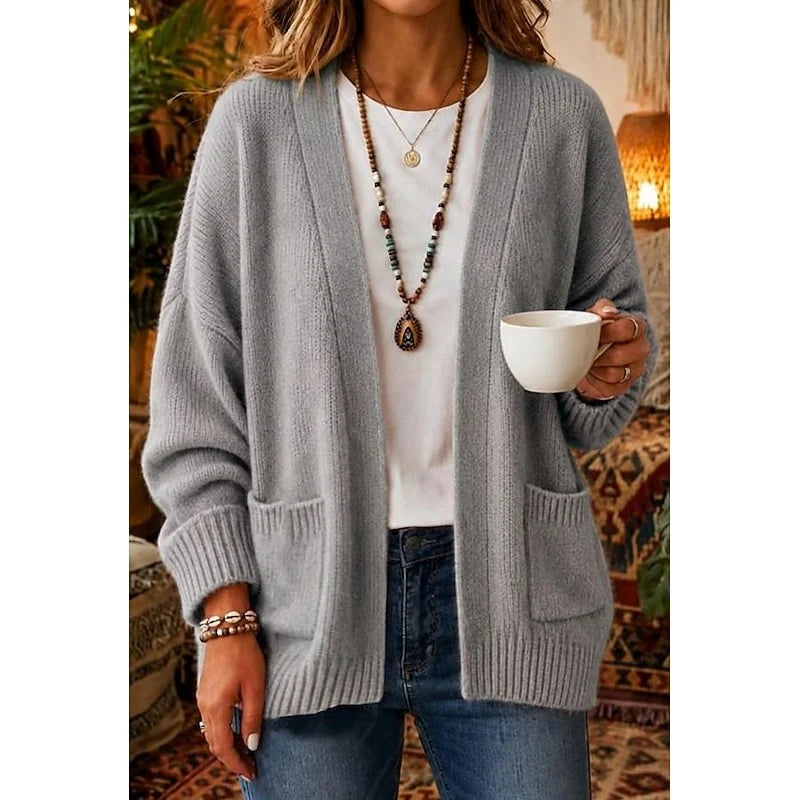 Women's gray oversized open-front cardigan, patch pockets