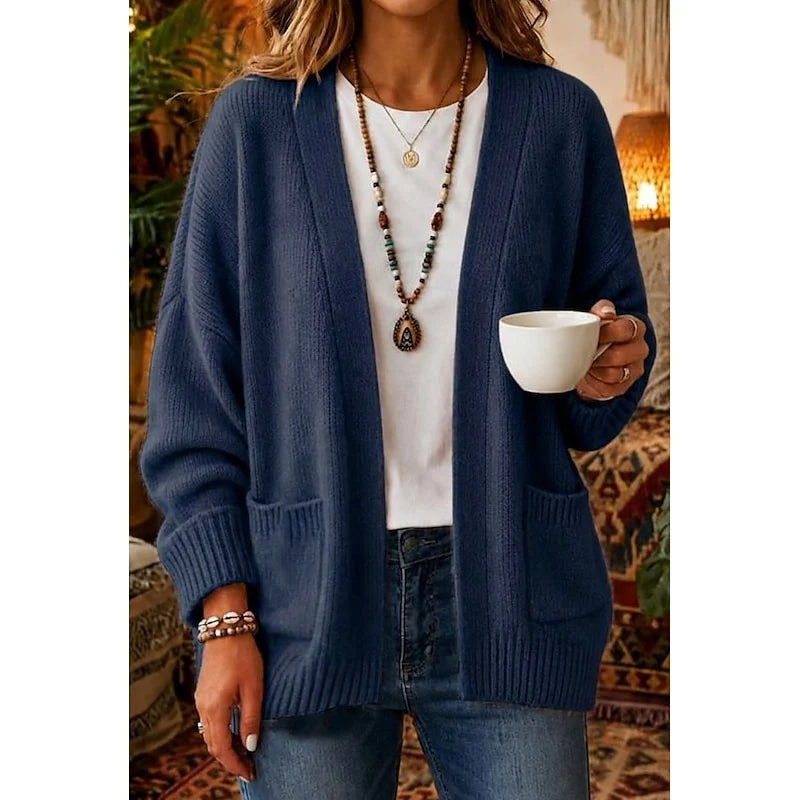 Women's blue oversized open-front cardigan with pockets