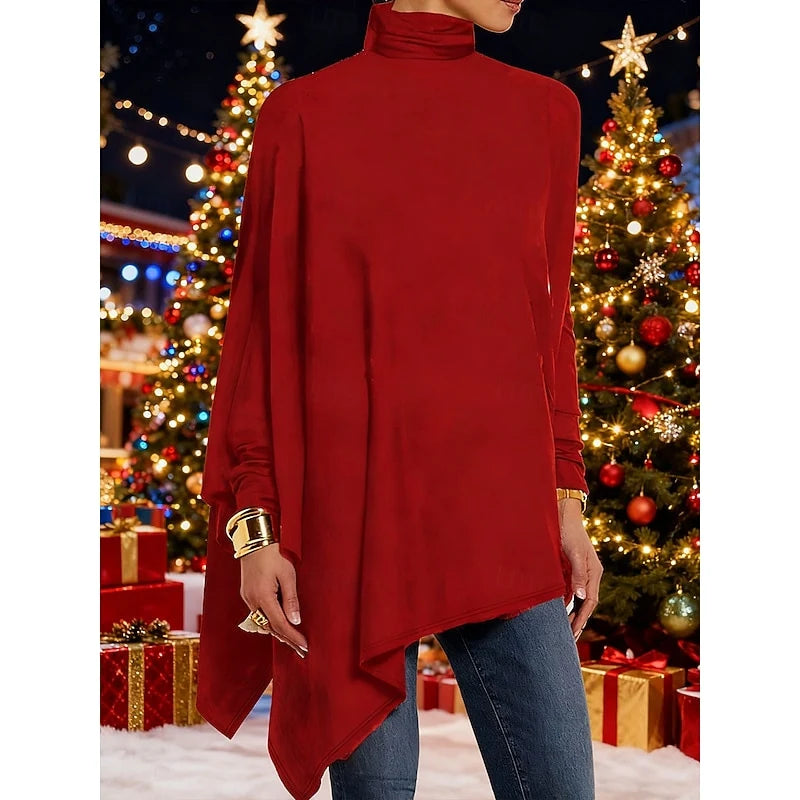 Women's blue draped Turtleneck Top with Asymmetric Hem for Layering