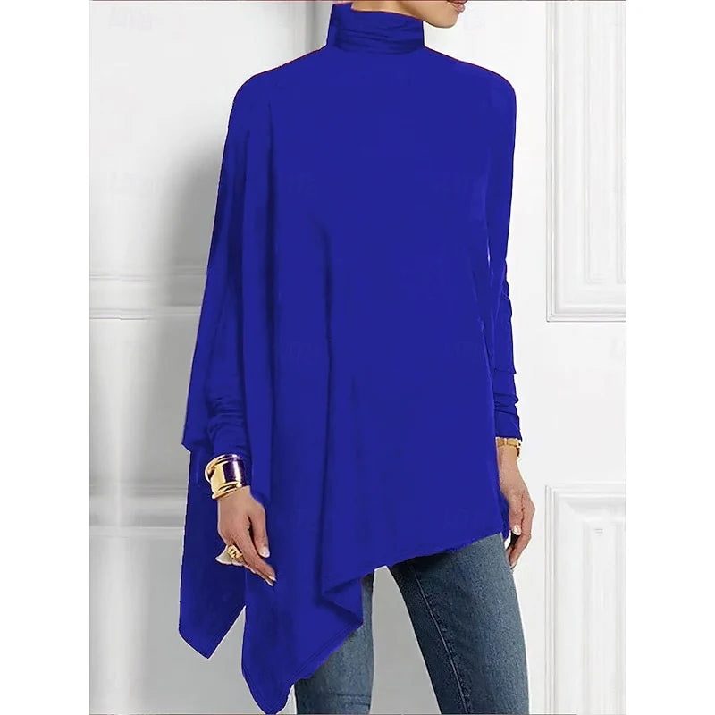Women's black draped Turtleneck Top with Asymmetric Hem for Layering