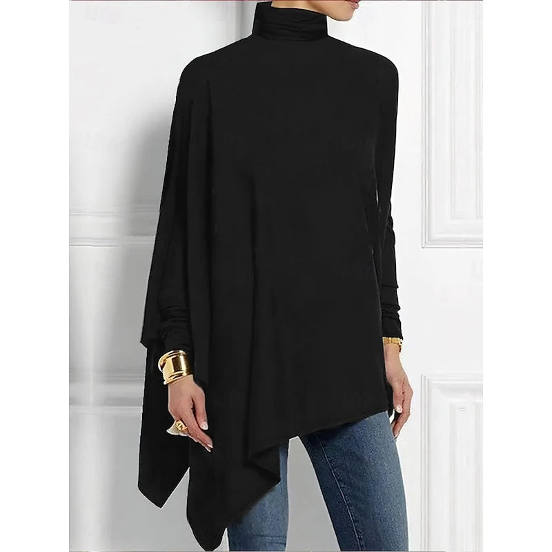 Women's green draped Turtleneck Top with Asymmetric Hem for Layering