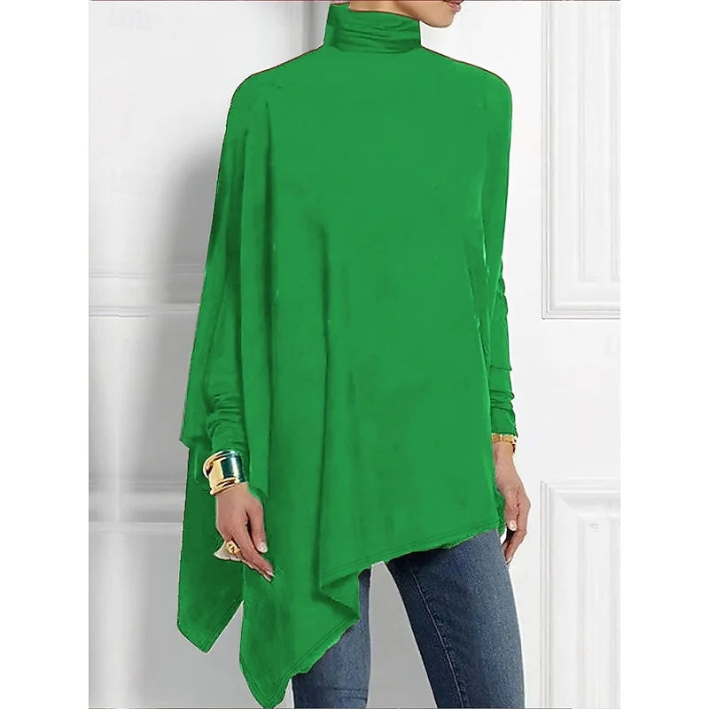 Women's green draped Turtleneck Top with Asymmetric Hem for Layering