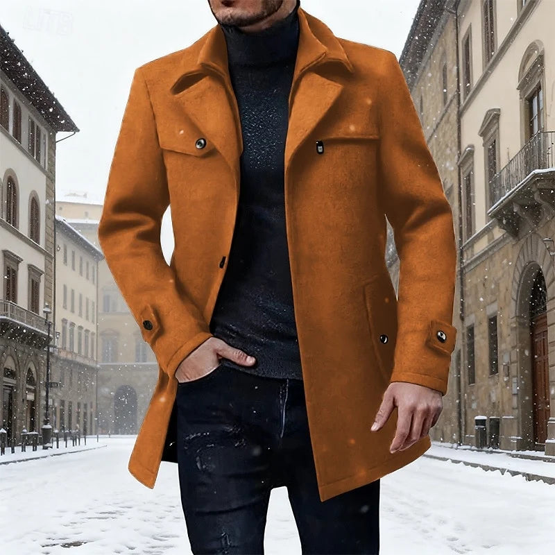 Men's brown tailored Longline Overcoat with Notch Lapel and Buttons