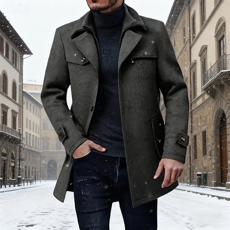 Men's dark grey tailored Longline Overcoat with Notch Lapel and Buttons