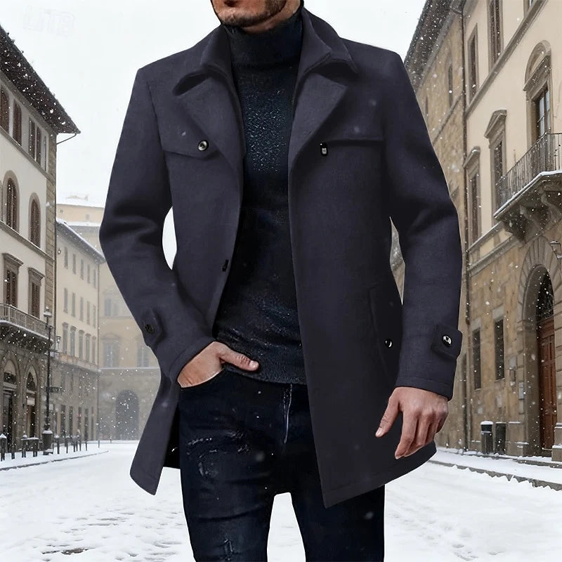 Men's navy blue tailored Longline Overcoat with Notch Lapel and Buttons