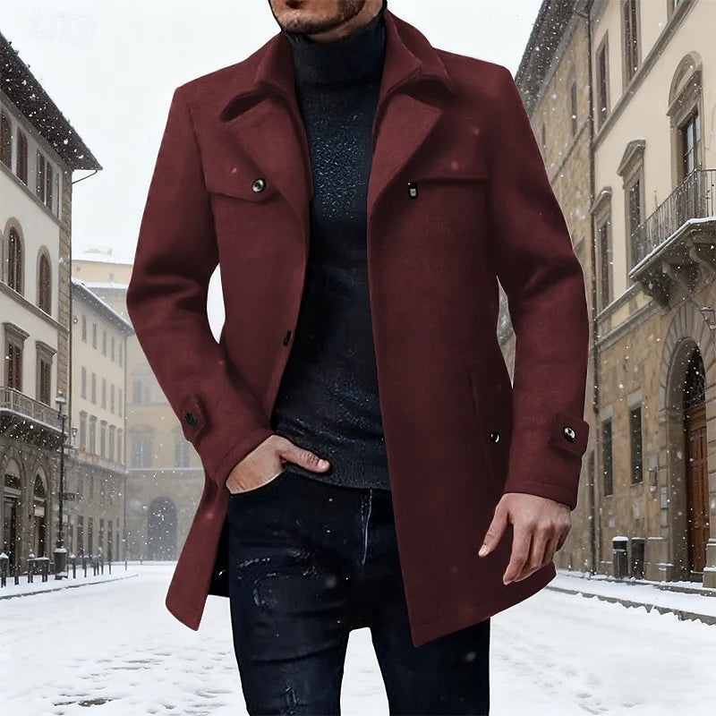 Men's wine tailored Longline Overcoat with Notch Lapel and Buttons
