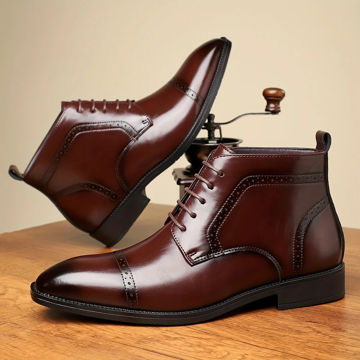Men's red cap-Toe Oxford Boots with Brogue Detail and Laces
