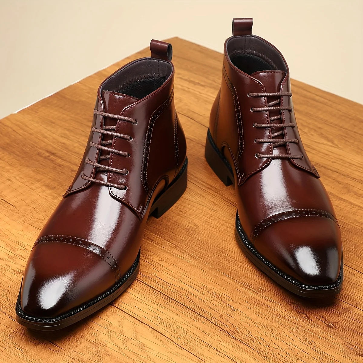 Men's red cap-Toe Oxford Boots with Brogue Detail and Laces