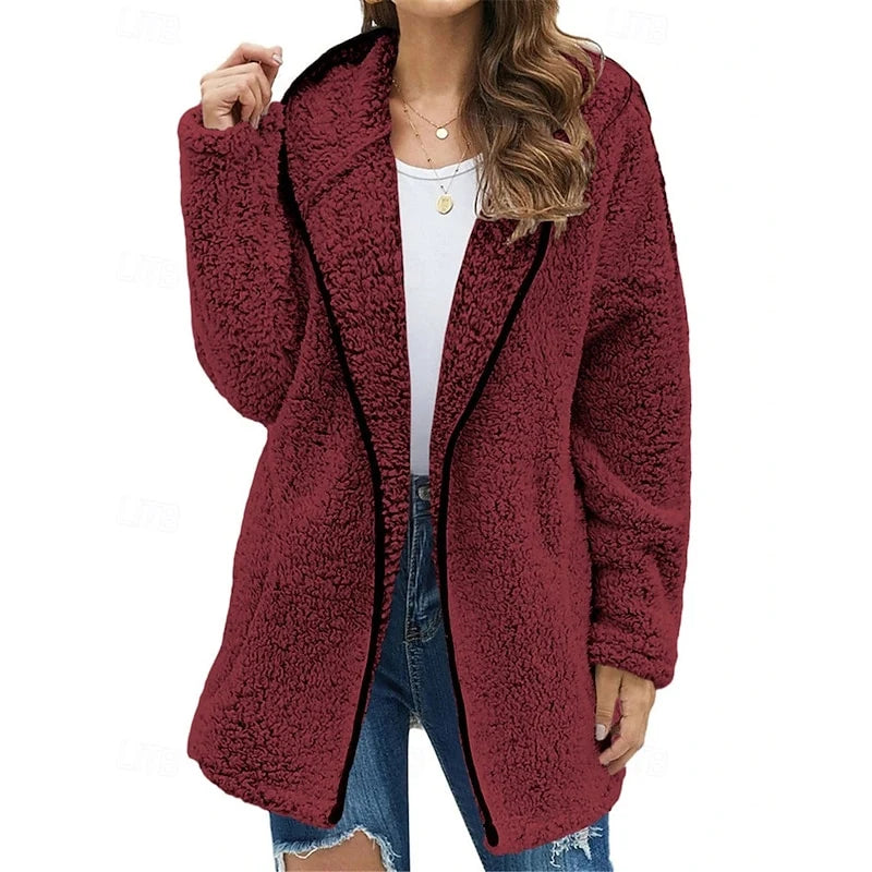 Women's wine sherpa fleece hooded jacket, open front