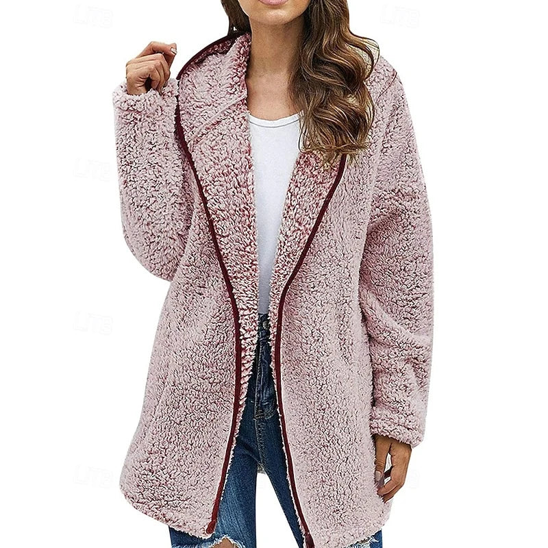 Women's pink sherpa fleece jacket with hood, teddy coat