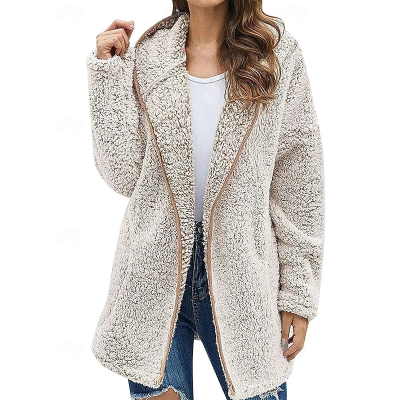 Women's apricot sherpa fleece hooded jacket, open front