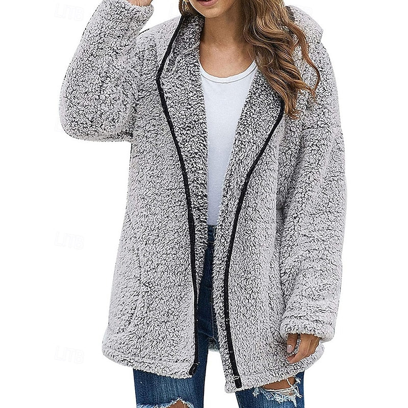 Women's gray sherpa fleece jacket with contrast piping