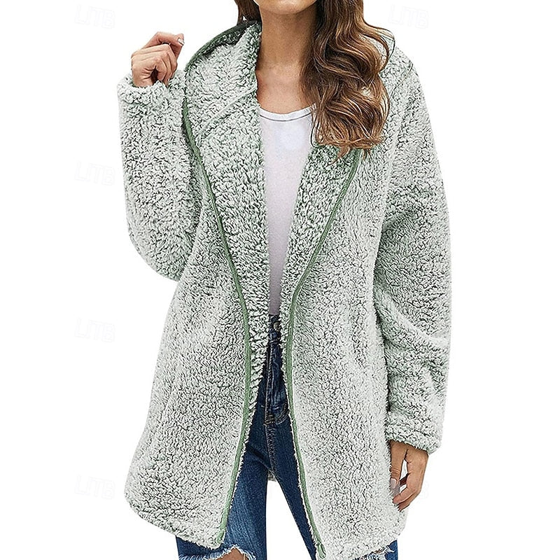 Women's light green sherpa fleece hooded jacket