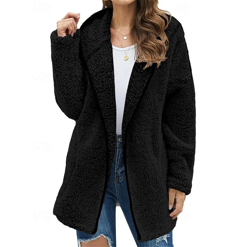 Women's black sherpa fleece hooded jacket, open front