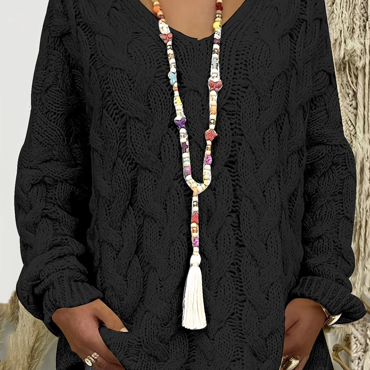 Women's black relaxed Boho Cable Knit V-Neck Sweater for Layering