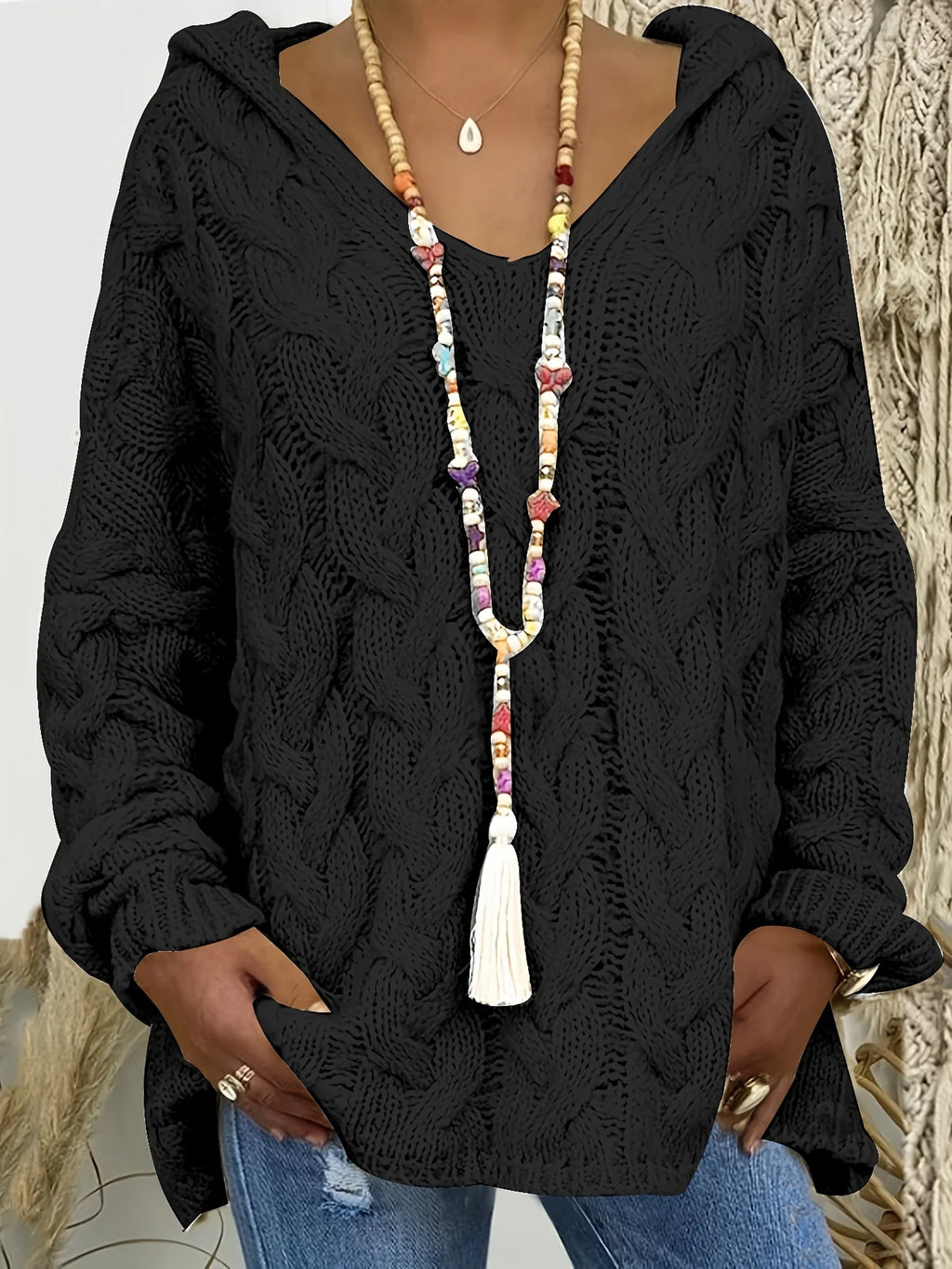 Women's black relaxed Boho Cable Knit V-Neck Sweater for Layering