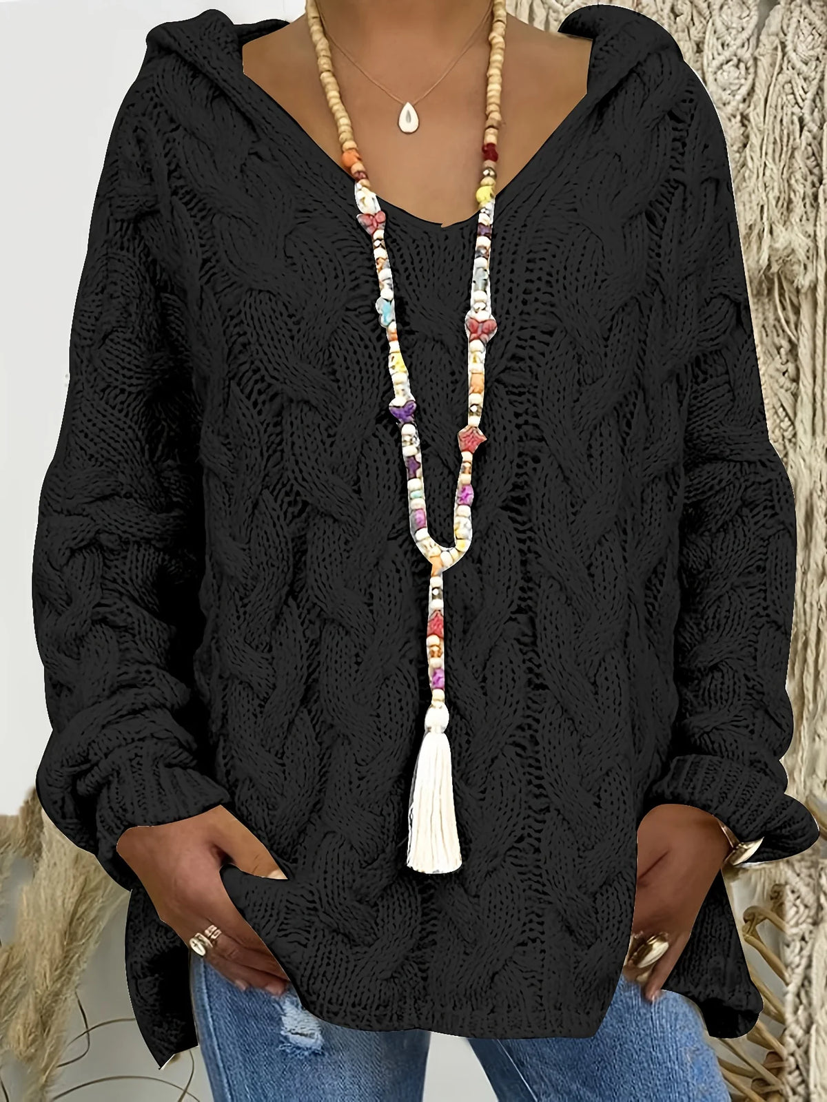 Women's black relaxed Boho Cable Knit V-Neck Sweater for Layering