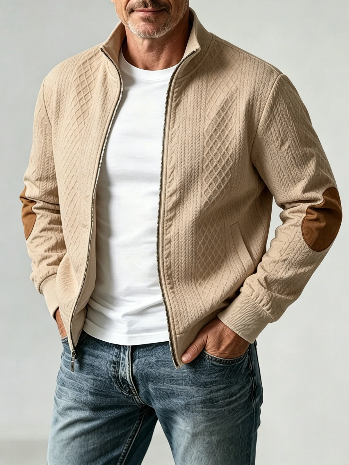Men's khaki knit baseball jacket