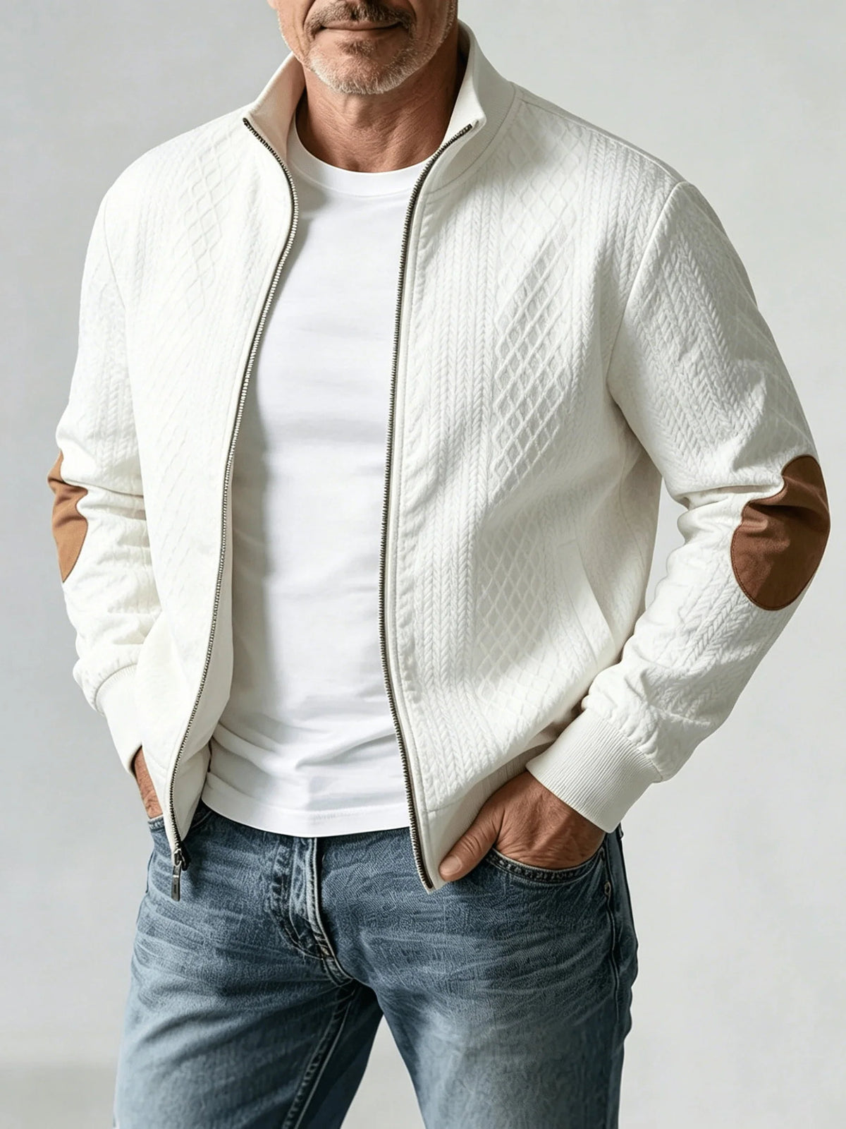 Men's white knit baseball jacket