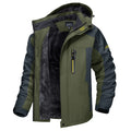 Men's olive green hooded insulated winter jacket with colorblock design
