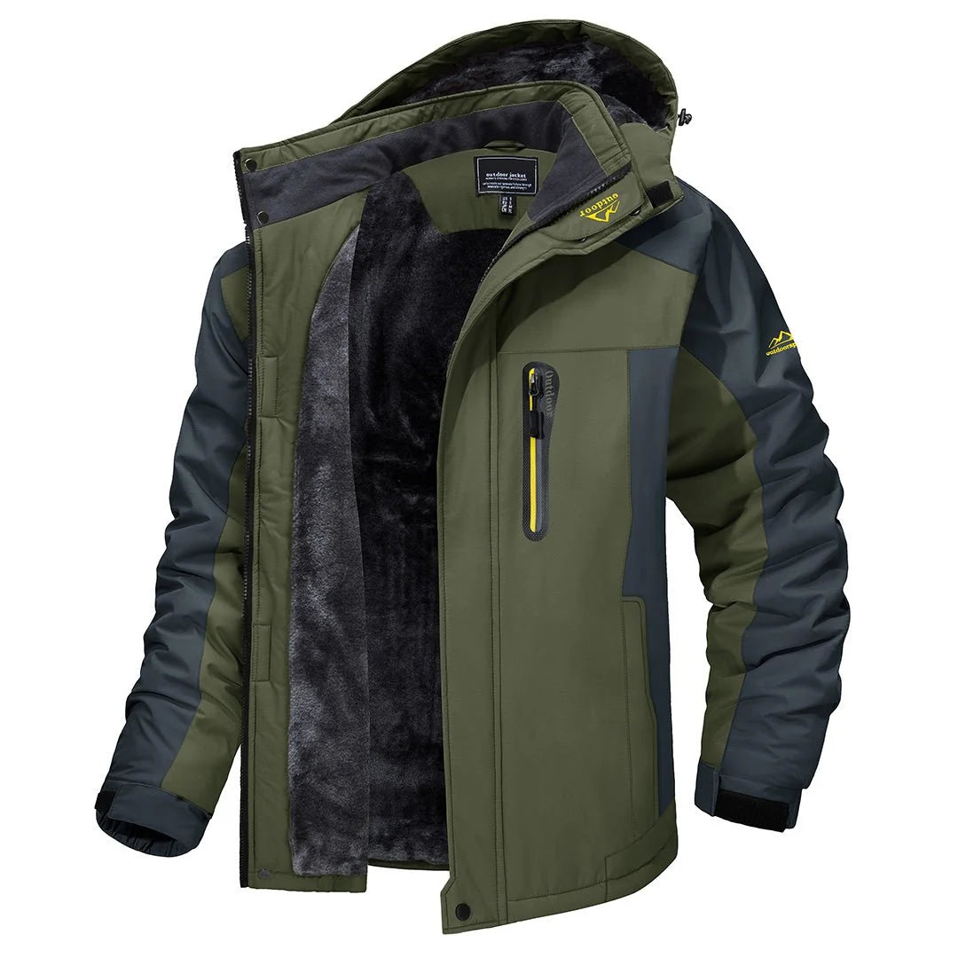 Men's olive green hooded insulated winter jacket with colorblock design