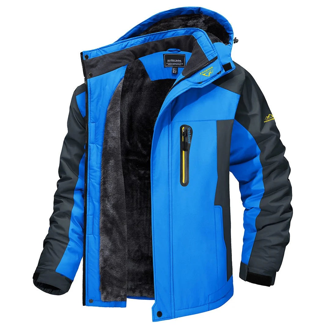 Men's blue hooded insulated winter jacket with colorblock design