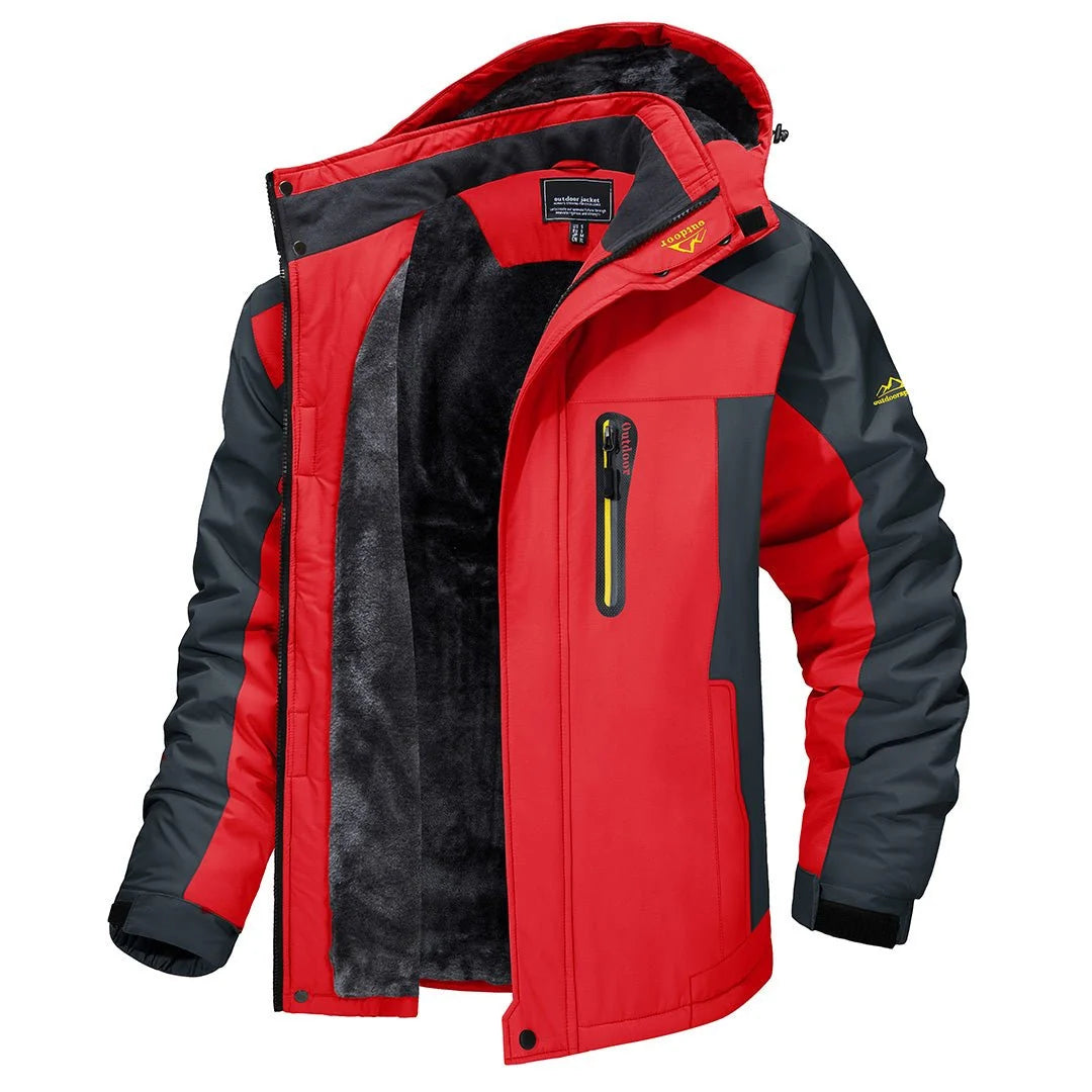 Men's red hooded insulated winter jacket with colorblock design