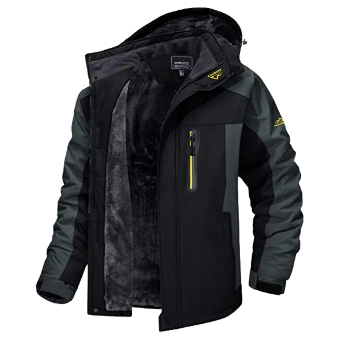 Men's black hooded insulated winter jacket with colorblock design