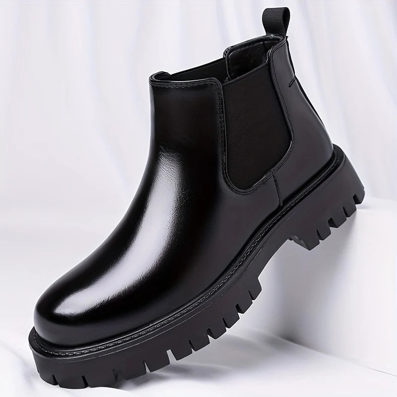 Men's black rugged Chelsea Boots with Chunky Lug Sole for Winter
