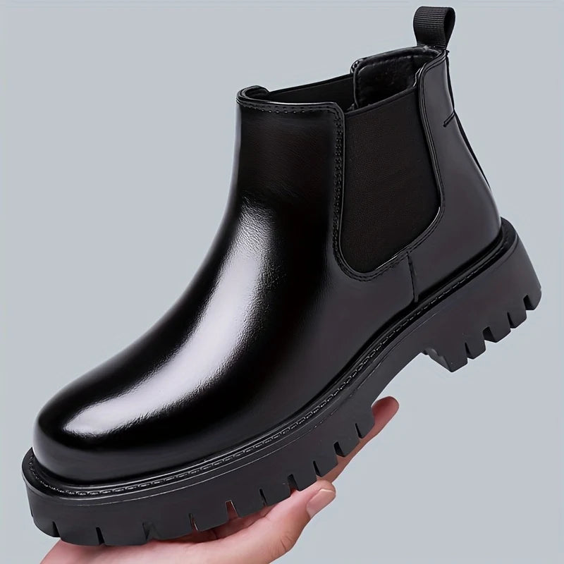 Men's black rugged Chelsea Boots with Chunky Lug Sole for Winter