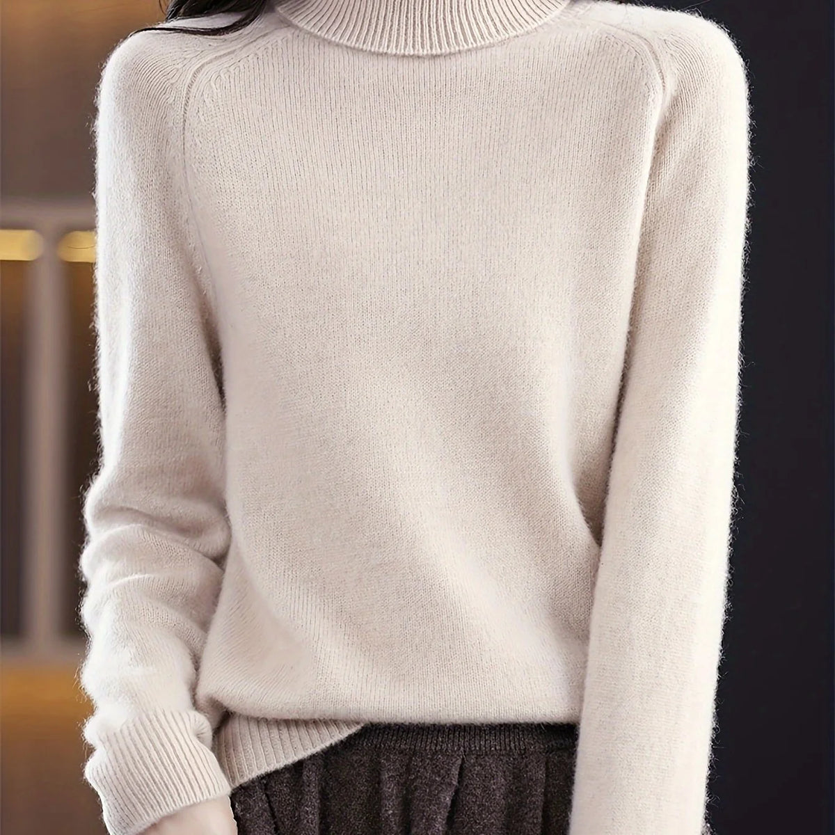 Women's cream ribbed turtleneck sweater, long sleeve