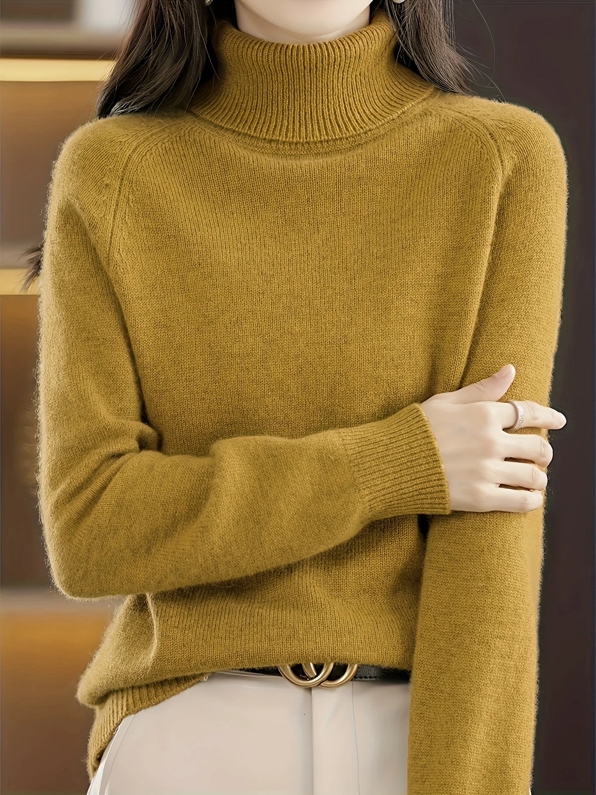 Women's yellowish-brown ribbed turtleneck sweater
