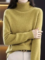 Women's yellowish-brown ribbed turtleneck sweater