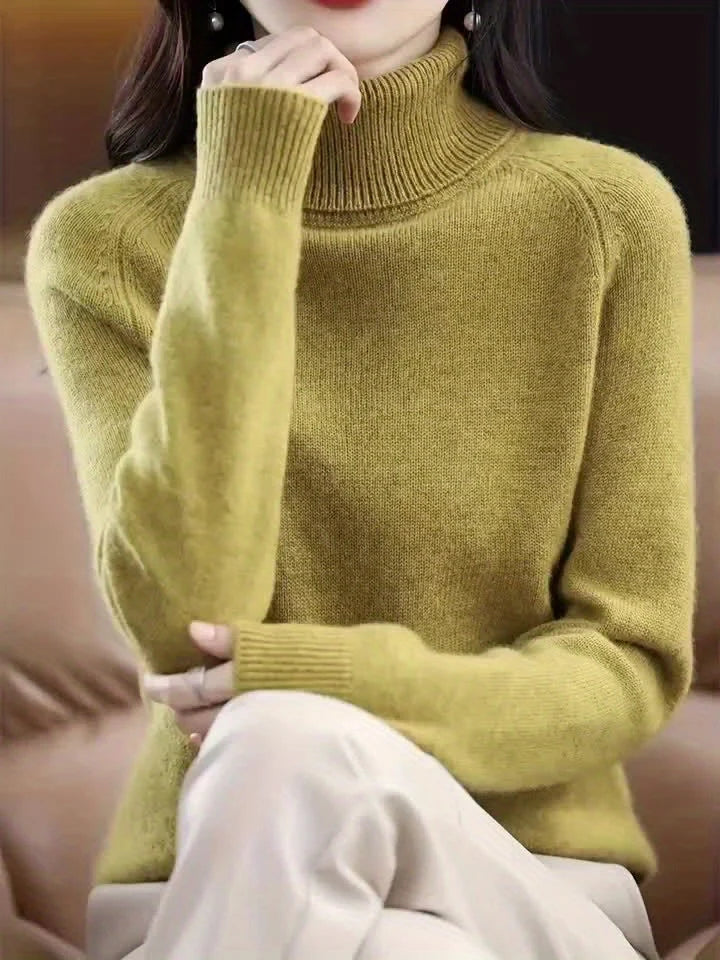 Women's yellowish-brown ribbed turtleneck sweater
