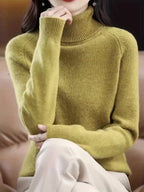 Women's yellowish-brown ribbed turtleneck sweater