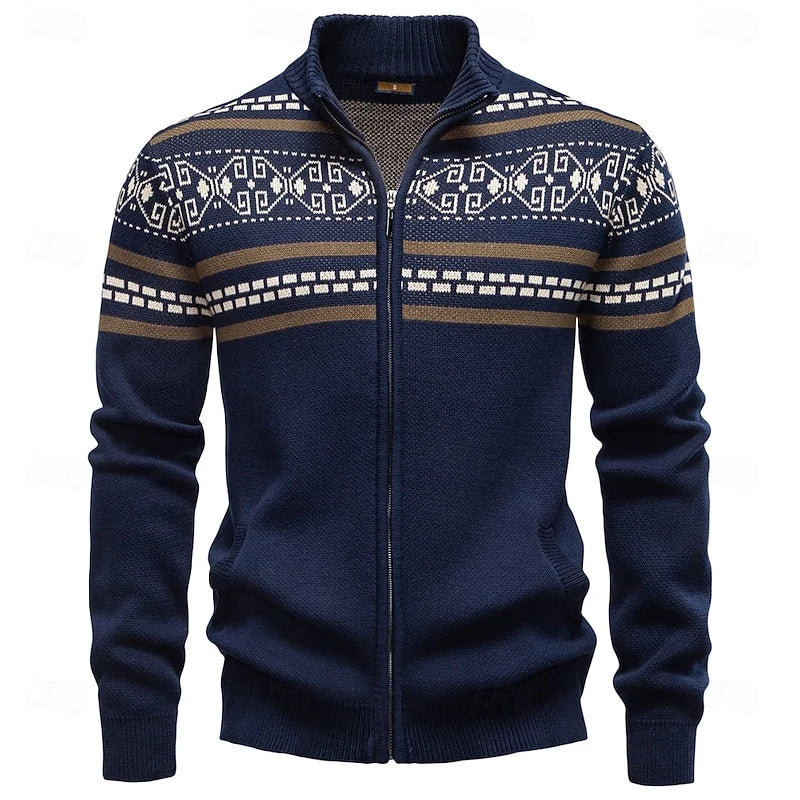 Men's navy blue fair isle zip-up knit cardigan with ribbed cuffs