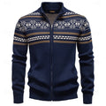 Men's navy blue fair isle zip-up knit cardigan with ribbed cuffs