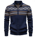 Men's navy blue fair isle zip-up knit cardigan with ribbed cuffs