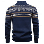 Men's navy blue fair isle zip-up knit cardigan with ribbed cuffs