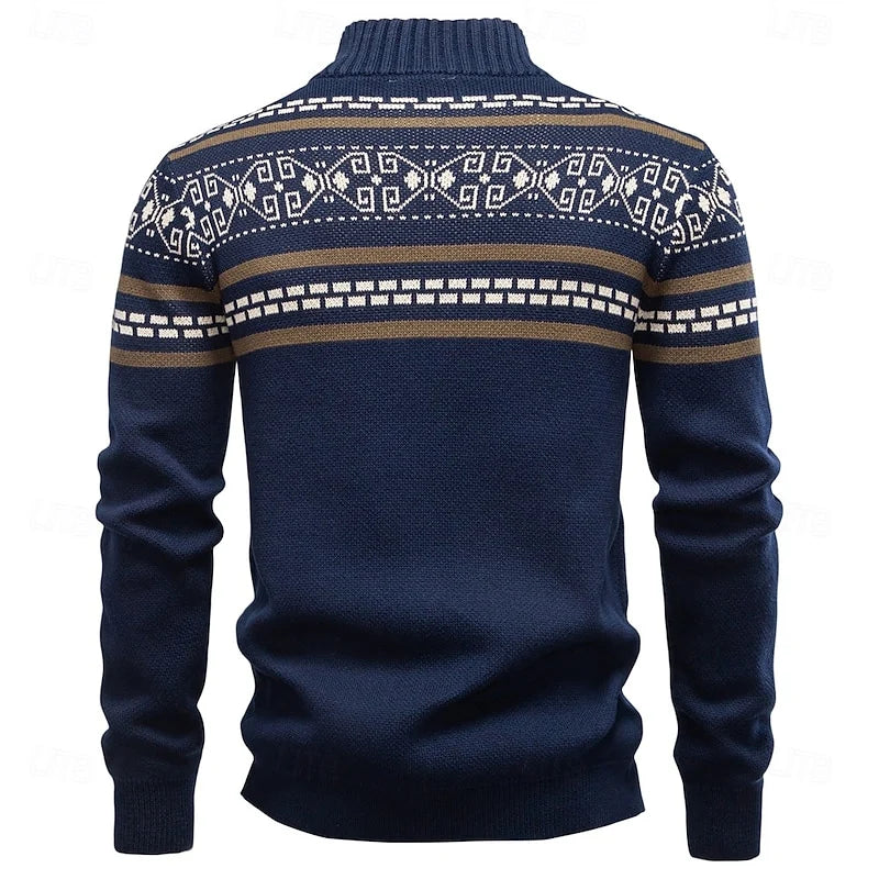 Men's navy blue fair isle zip-up knit cardigan with ribbed cuffs