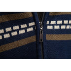 Men's navy blue fair isle zip-up knit cardigan with ribbed cuffs