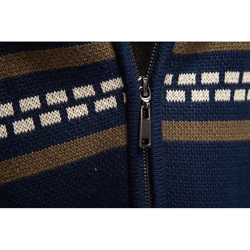 Men's navy blue fair isle zip-up knit cardigan with ribbed cuffs